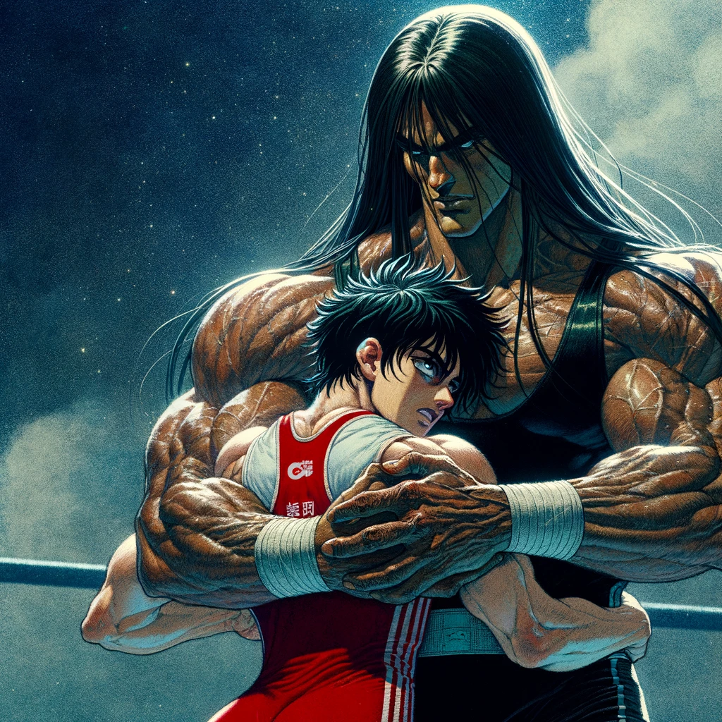 In the style of Japanese anime depict a scene where a female wrestling athlete from Japan is caught in a bear hug by an Amazoness The wrestler 17 years old with a height of 180 cm and weight of 71 kg has a muscular yet feminine physique with semilong hair and is dressed in a red wrestling singlet She looks pained and helpless embodying seriousness and a strong sense of responsibility as the captain of her high school wrestling team The Amazoness on the other hand is a towering figure at 220 cm and 150 kg with dark skin her body covered in rockhard muscles and black long hair exuding coldness in her black wrestling singlet She is holding the wrestler with ease her face showing an expression of nonchalance This scene captures the powerful dominance of the Amazoness and the futile struggle of the wrestler