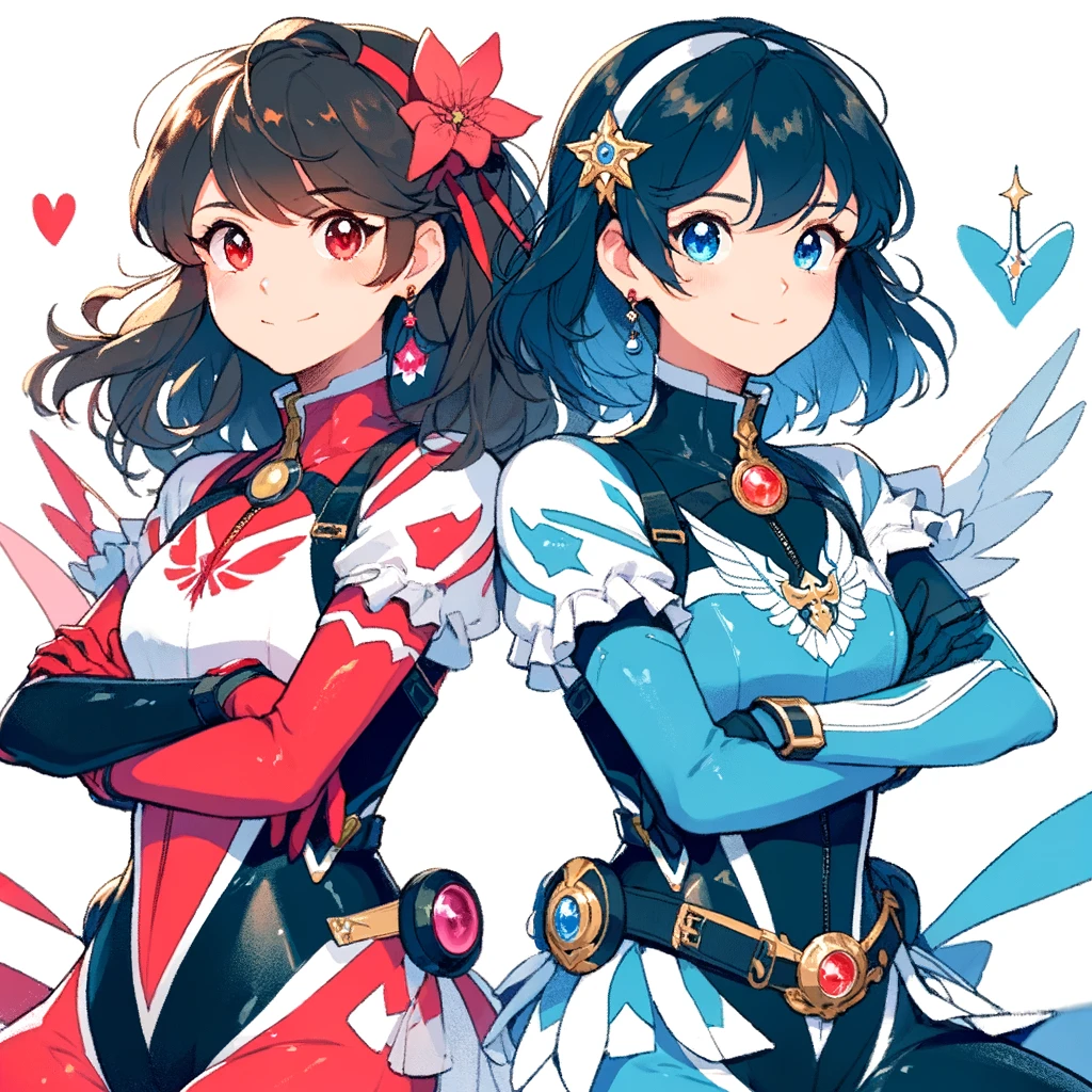 Illustrate two teenage magical girls embracing each other showcasing their friendship One girl is dressed in red and white based on a womans wetsuit but with magical girl embellishments embodying a spirited and vibrant theme The other girl is in blue and black attire also derived from a womans wetsuit but tailored to fit the magical girl aesthetic exuding a calm and cool demeanor Both outfits strike a balance between being stylish and moderately revealing without crossing into overly sensitive territory The art style is in the vein of Japanese anime capturing the beauty and bravery of these lateteen warriors The illustration should evoke a sense of unity and camaraderie between the two set against a backdrop that compliments their magical essence