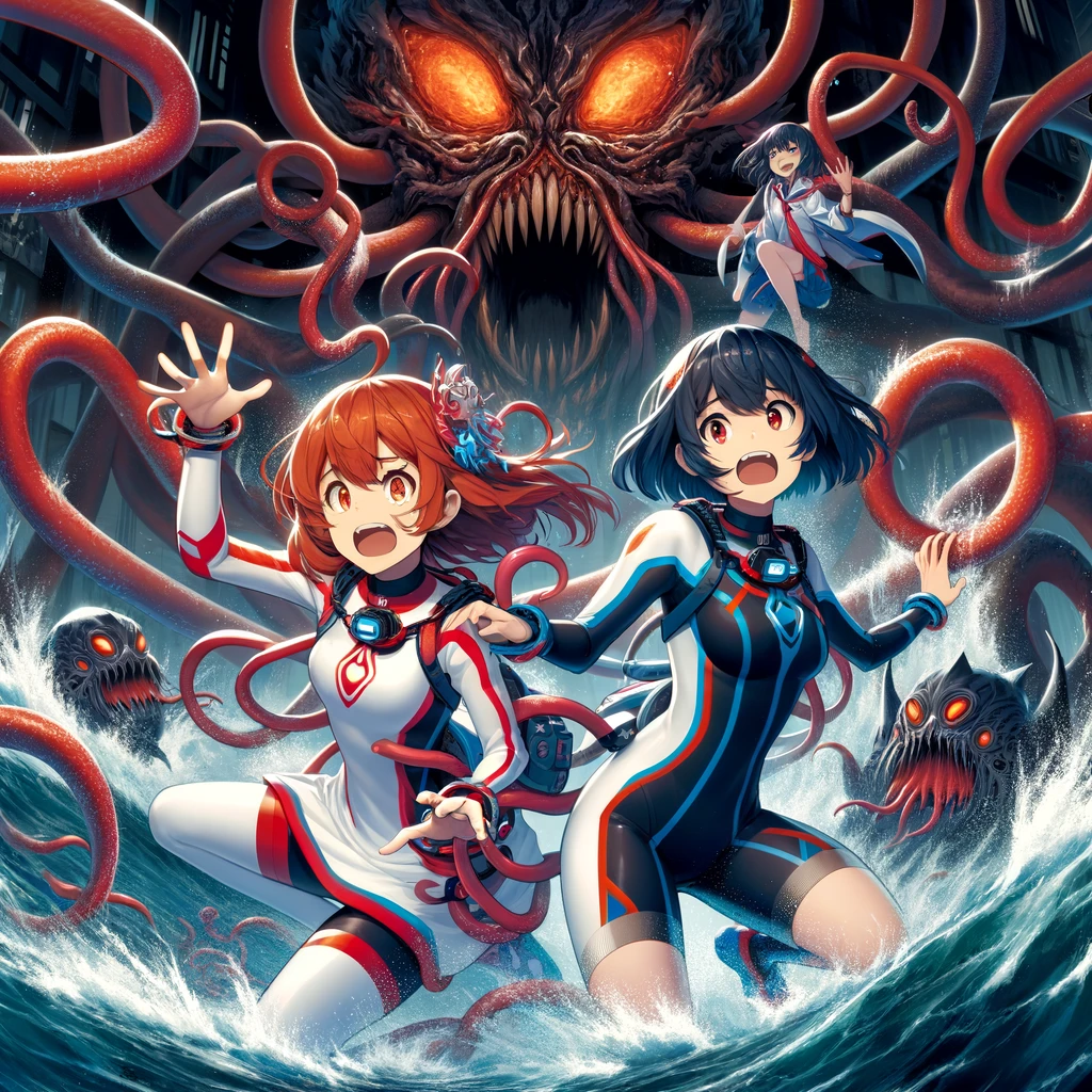 In a dynamic animestyle battle scene two teenage magical girls are captured by the tentacles of a monstrous creature The first magical girl is wearing a red and white outfit inspired by a womans wetsuit but with a magical girl twist embodying the essence of fire and spirit The second magical girl is clad in a blue and black outfit also inspired by a womans wetsuit but tailored to the theme of water and agility Both outfits have a moderate level of exposure designed with care to avoid being overly sensitive They are entangled by the tentacles of a large Cthulhumythosinspired monster which looks like a blend between a mythical beast and a human Despite their perilous situation their faces reflect a strong bond of friendship that refuses to yield to the monsters might Their expressions mix determination with distress highlighting their unyielding spirit and the power of their friendship in the face of adversity