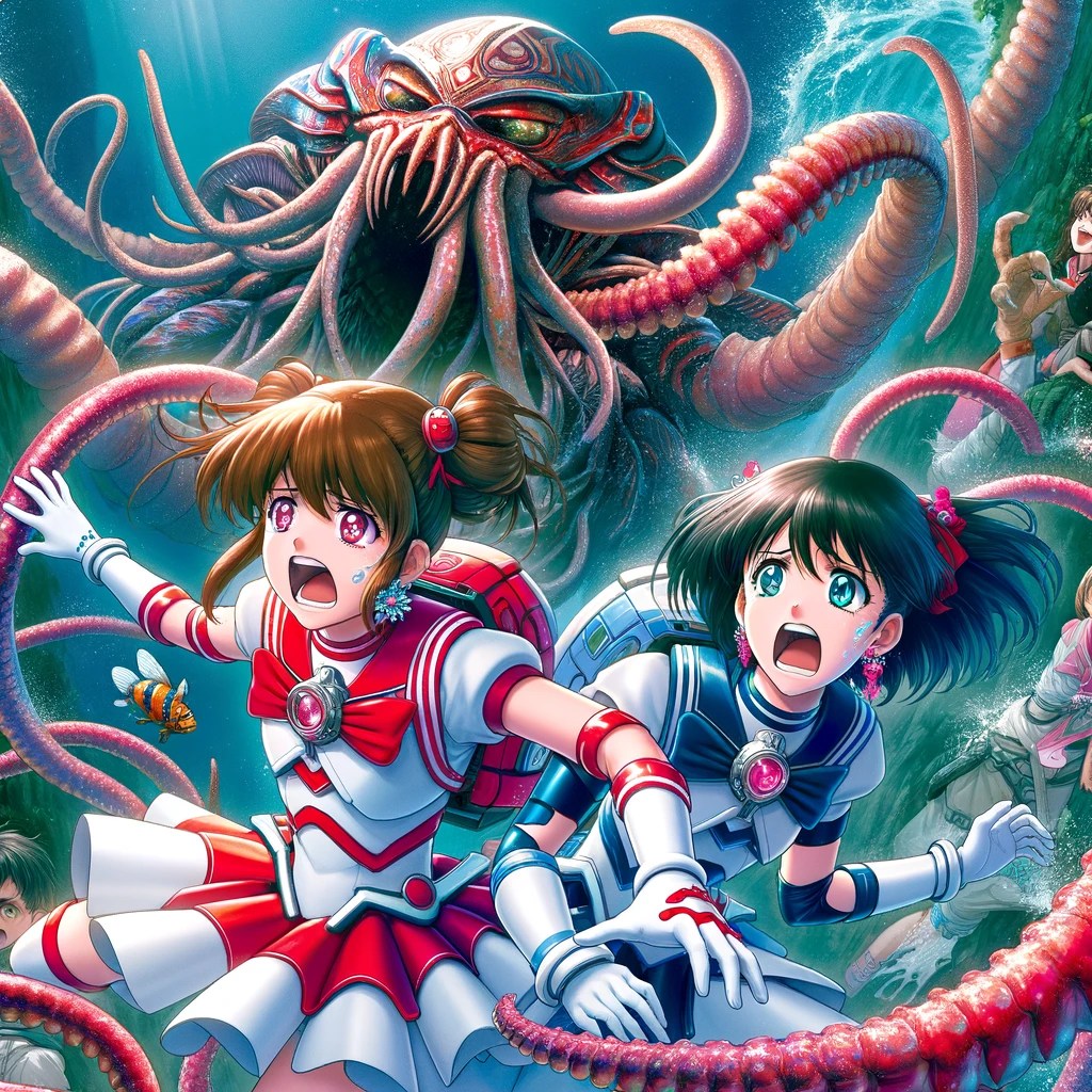 In a dramatic scene inspired by Japanese anime two magical girls are ensnared by the tentacles of a monstrous creature One girl is dressed in a red and white outfit based on a womans wetsuit with modifications for a magical girls attire showcasing her struggle against the creatures grasp Her counterpart wears a blue and black outfit also modified from a womans wetsuit depicting a similar battle against the encroaching tentacles The monster a formidable fusion between a creature from Lovecraftian lore and an ammonite towers over them its tentacles wrapping around their bodies Both magical girls late teenagers exhibit expressions of distress their faces contorted in pain as they fight against the monsters hold Their outfits while revealing to some extent are tastefully designed to avoid excessive sensitivity The entire scene is rendered in the vibrant detailed style of Japanese anime capturing the intensity of their struggle without crossing into overtly sensitive territory