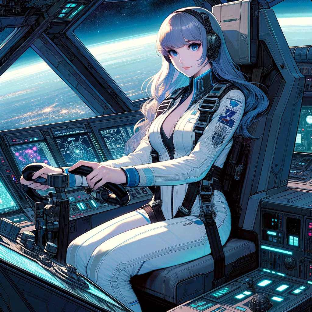 In a futuristic science fiction setting a cool and composed female ace pilot is operating the controls in the cockpit of a spaceship She is wearing a suit that resembles a womens wetsuit designed with a color scheme of white and light blue The illustration should capture a dramatic moment as she pilots the spacecraft embodying the characteristics of a beautiful teenage warrior The style should reflect Japanese anime with a certain level of exposure but without being overly sensitive The scene conveys intensity and focus showcasing the pilots skill and determination amidst the vastness of space The cockpit should be detailed with futuristic controls and a panoramic view of space outside The illustration should balance the sense of adventure with the pilots serene yet intense demeanor capturing the essence of a young heroine facing the challenges of the cosmos