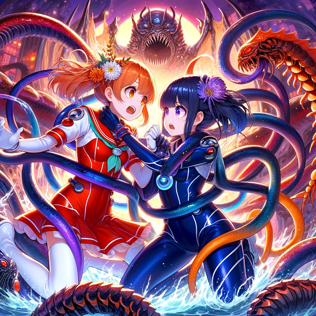 Two magical girls one in red and white attire and the other in blue and black attire both designed based on womens wetsuits are caught in a fierce battle with a monstrous creature The monster is a blend between a creature from Lovecraftian mythos and an ammonite significantly larger than the girls entangling them with its tentacles The magical girls late teenagers show expressions of struggle and distress as the tentacles wrap around their entire bodies The scene is set in a vibrant yet dark fantastical landscape that amplifies the intensity of their struggle The artwork should capture the essence of Japanese anime with a careful balance of beauty and modesty ensuring the depiction is not overly sensitive The magical girls should appear as beautiful warriors caught in a dire situation but not depicted in a way thats excessively revealing or sensitive