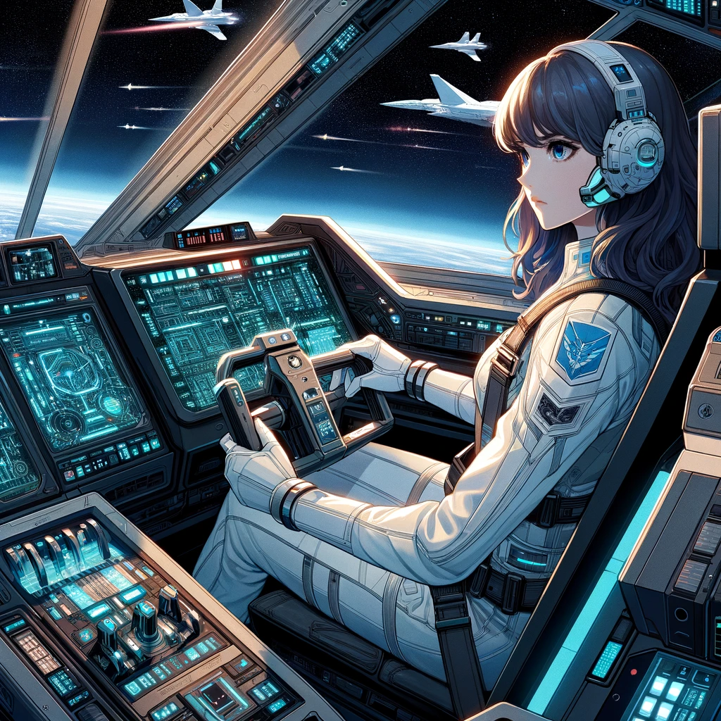 In a future space setting were looking for a dramatic illustration featuring a female ace pilot operating the controls in a spaceship cockpit The pilot is cool and composed characterized as a beautiful lateteen warrior Her outfit is designed similar to a womens wetsuit with white and light blue as the primary colors The illustration should capture the intensity of space navigation with the pilot focused and determined The style should be reminiscent of Japanese anime ensuring that while the character is somewhat revealing it remains sensitive and not overly exposed The cockpit should be filled with futuristic controls and displays highlighting the advanced technology of the spacecraft The overall tone is dramatic showcasing the pilots skill and the vastness of space beyond the cockpit windows